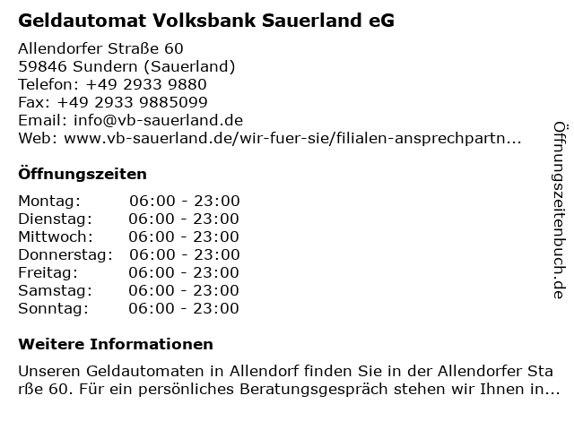 Volksbank Sauerland eG, Filiale Sundern in Sundern (Sauerland): Adresse und Öffnungszeiten