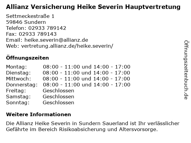 Allianz Versicherung Heike Severin Hauptvertretung in Sundern: Adresse und Öffnungszeiten