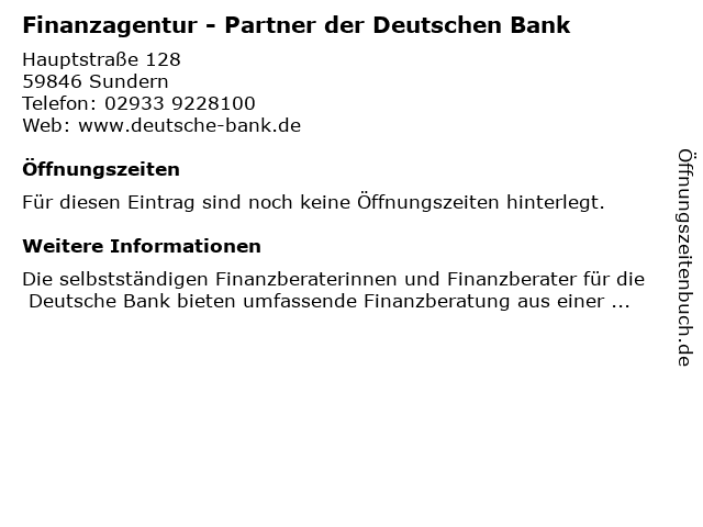 Deutsche Bank Finanzagentur Sundern in Sundern: Adresse und Öffnungszeiten