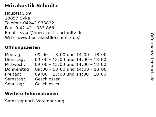 Hörakustik Schmitz in Syke: Adresse und Öffnungszeiten