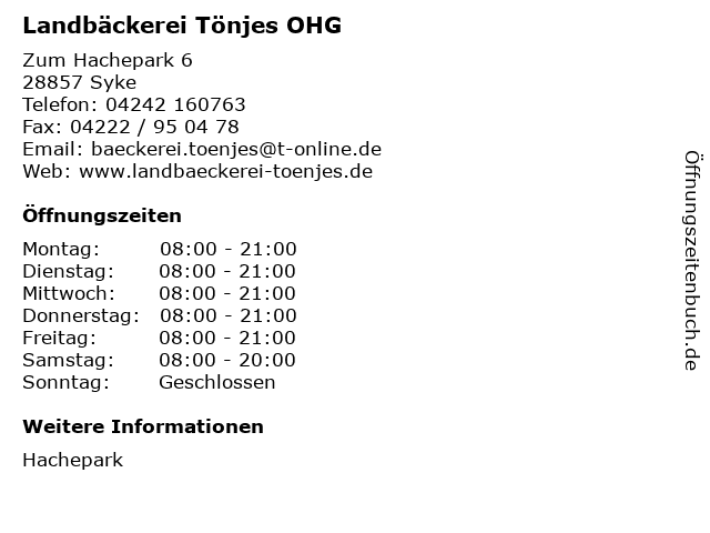 Landbäckerei Tönjes OHG in Syke: Adresse und Öffnungszeiten