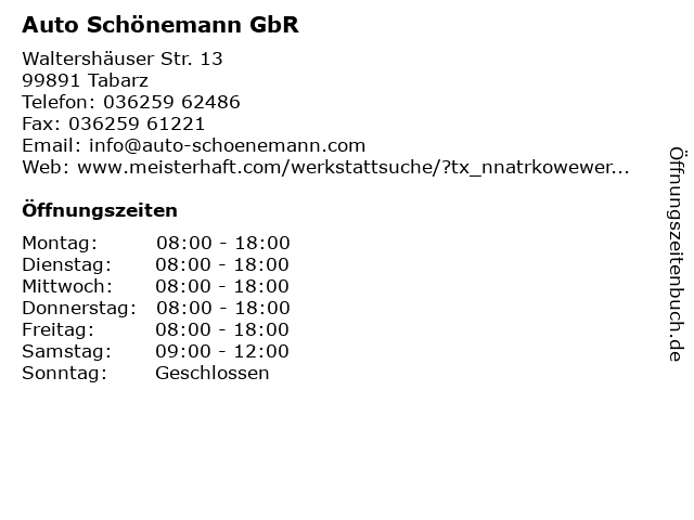 Auto Schönemann GbR in Tabarz: Adresse und Öffnungszeiten