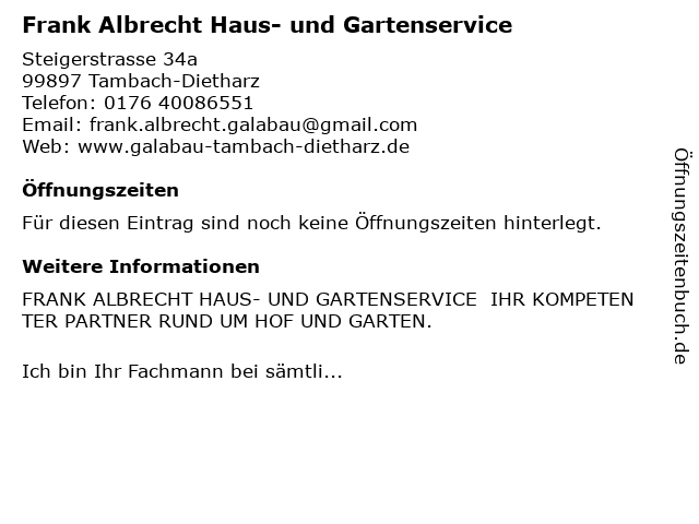 Frank Albrecht Haus- und Gartenservice in Tambach-Dietharz: Adresse und Öffnungszeiten
