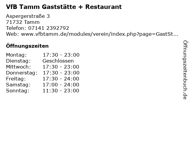 VfB Tamm Gaststätte + Restaurant in Tamm: Adresse und Öffnungszeiten