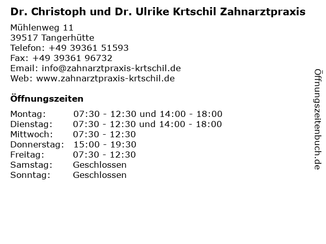 Dr. Christoph und Dr. Ulrike Krtschil Zahnarztpraxis in Tangerhütte: Adresse und Öffnungszeiten