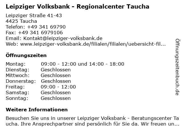 Leipziger Volksbank - Regionalcenter Taucha in Taucha: Adresse und Öffnungszeiten