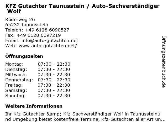 KFZ Gutachter Taunusstein / Auto-Sachverständiger Wolf in Taunusstein: Adresse und Öffnungszeiten