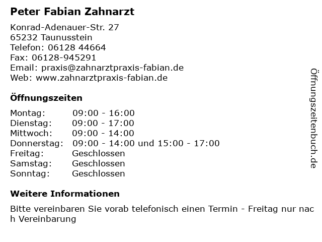 Peter Fabian Zahnarzt in Taunusstein: Adresse und Öffnungszeiten