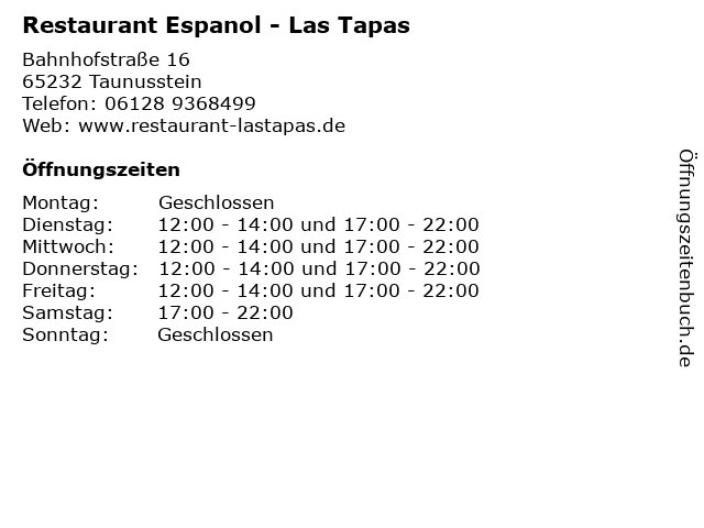 Restaurant Espanol - Las Tapas in Taunusstein: Adresse und Öffnungszeiten
