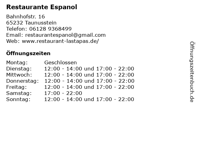 Restaurante Espanol in Taunusstein: Adresse und Öffnungszeiten