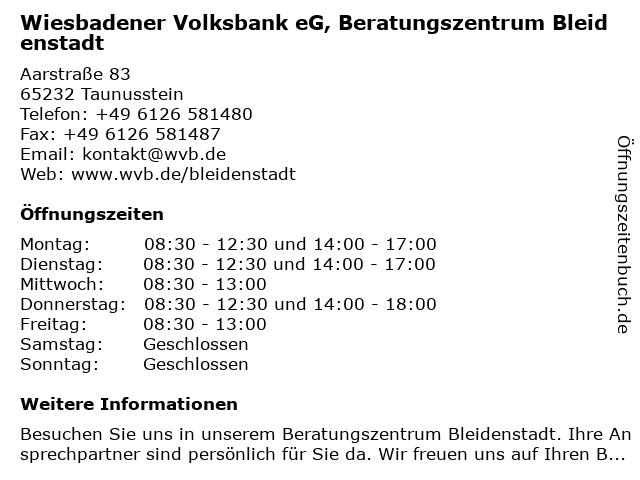 ᐅ Offnungszeiten Vr Bank Untertaunus Eg Filiale Bleidenstadt