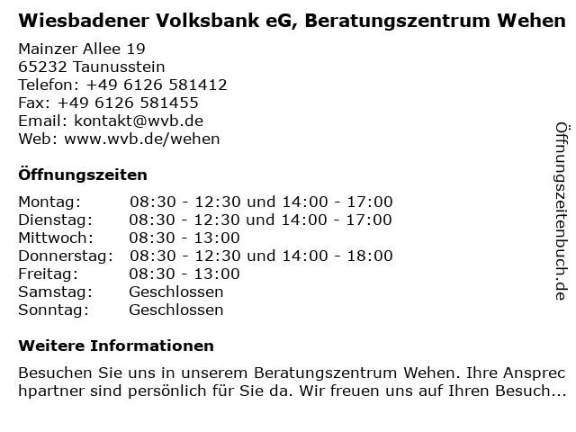 á… Offnungszeiten Vr Bank Untertaunus Eg Hauptfiliale Wehen Mainzer Allee 19 In Taunusstein