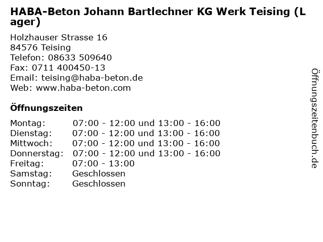 HABA-Beton Johann Bartlechner KG Werk Teising (Lager) in Teising: Adresse und Öffnungszeiten