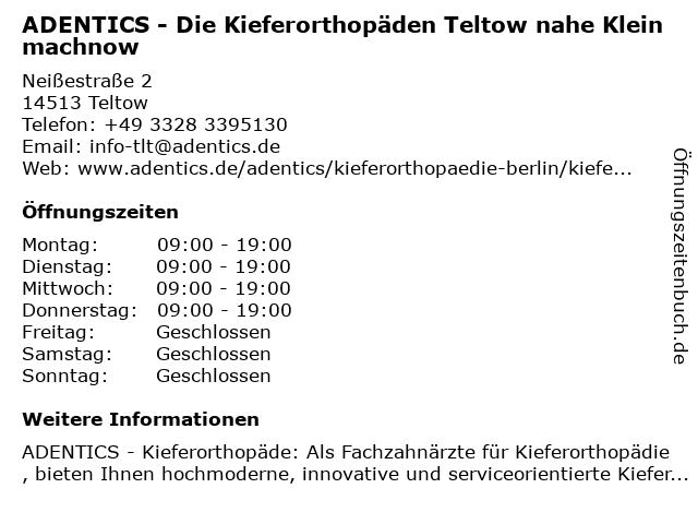 ᐅ Offnungszeiten Adentics Die Kieferorthopaden Teltow Nahe Kleinmachnow Neissestrasse 2 In Teltow