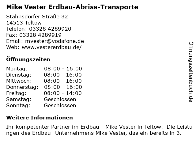 Mike Vester Erdbau-Abriss-Transporte in Teltow: Adresse und Öffnungszeiten