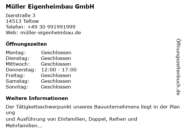 Müller Eigenheimbau GmbH in Teltow: Adresse und Öffnungszeiten