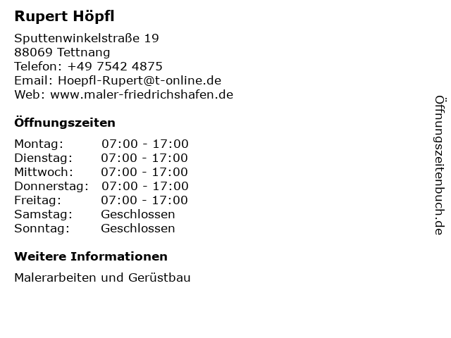 Rupert Höpfl Malergeschäft in Tettnang: Adresse und Öffnungszeiten