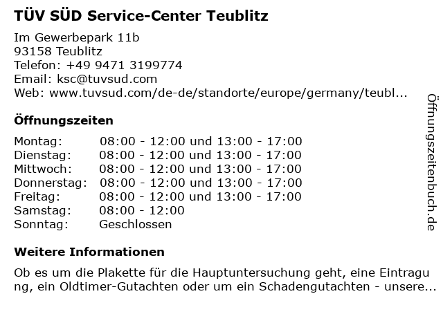 TÜV SÜD Service-Center Teublitz in Teublitz: Adresse und Öffnungszeiten