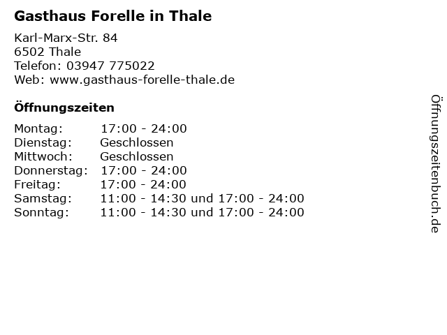 Gasthaus Forelle in Thale in Thale: Adresse und Öffnungszeiten