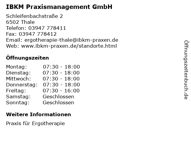 IBKM Praxismanagement GmbH in Thale: Adresse und Öffnungszeiten
