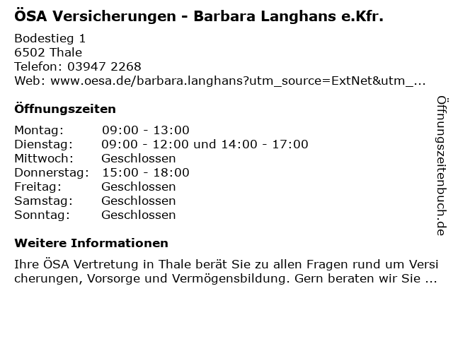 ÖSA Versicherungen - Barbara Langhans e.Kfr. in Thale: Adresse und Öffnungszeiten