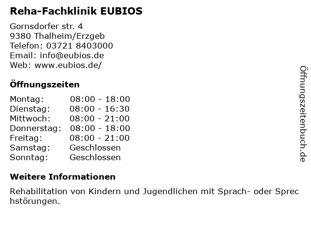 Reha-Fachklinik EUBIOS in Thalheim/Erzgeb: Adresse und Öffnungszeiten