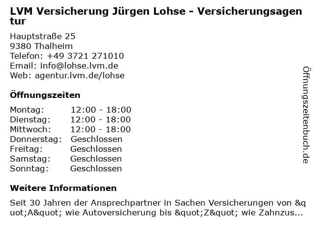 LVM Versicherung Jürgen Lohse - Versicherungsagentur in Thalheim: Adresse und Öffnungszeiten