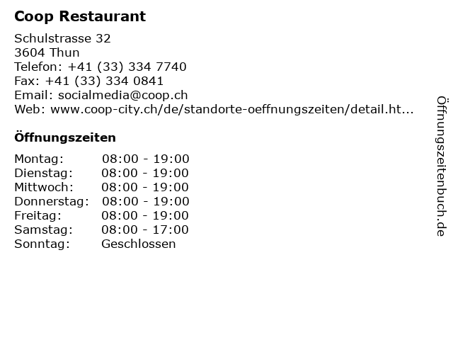 Coop Restaurant in Thun: Adresse und Öffnungszeiten
