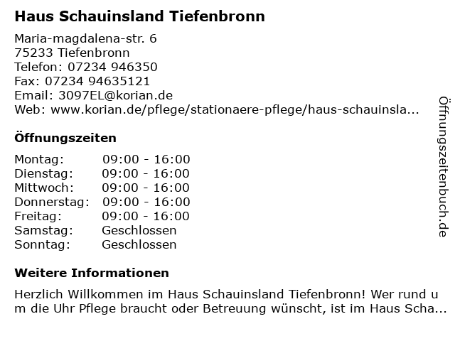 Haus Schauinsland Tiefenbronn in Tiefenbronn: Adresse und Öffnungszeiten