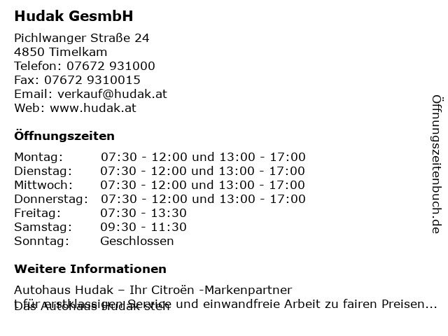 Hudak GesmbH in Timelkam: Adresse und Öffnungszeiten
