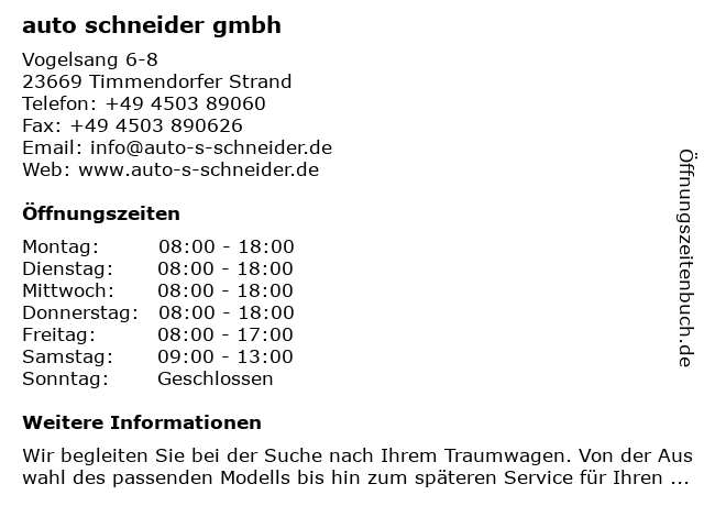 auto schneider gmbh in Timmendorfer Strand: Adresse und Öffnungszeiten