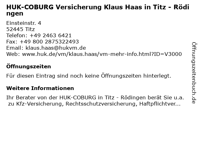 HUK-COBURG Versicherung Klaus Haas in Titz - Rödingen in Titz: Adresse und Öffnungszeiten