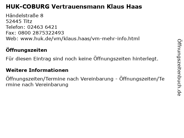 HUK-COBURG Vertrauensmann Klaus Haas in Titz: Adresse und Öffnungszeiten