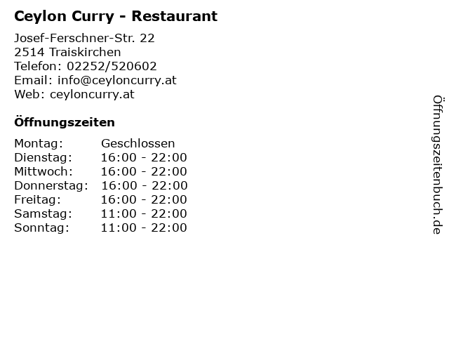 Ceylon Curry - Restaurant in Traiskirchen: Adresse und Öffnungszeiten