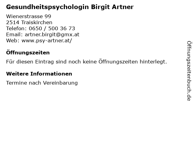 Gesundheitspsychologin Birgit Artner in Traiskirchen: Adresse und Öffnungszeiten