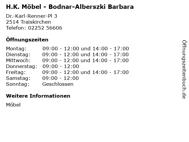 H.K. Möbel - Bodnar-Alberszki Barbara in Traiskirchen: Adresse und Öffnungszeiten