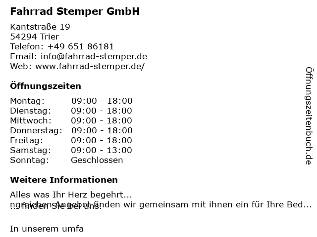ᐅ Öffnungszeiten „Fahrrad Stemper GmbH“ Kantstraße 19 in