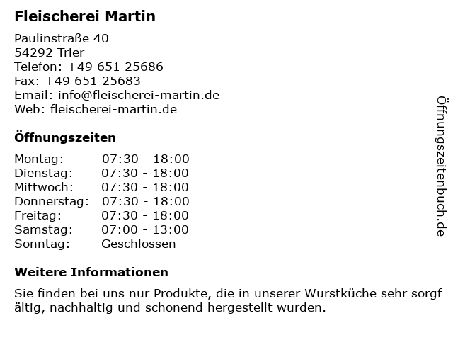 Fleischerei Martin in Trier: Adresse und Öffnungszeiten