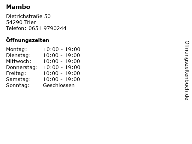 ᐅ Öffnungszeiten Mambo Dietrichstraße 50 in Trier