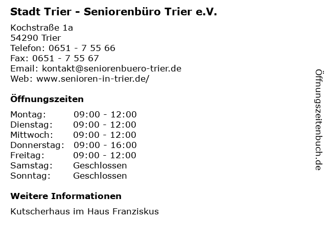 ᐅ Offnungszeiten Stadt Trier Seniorenburo Trier E V