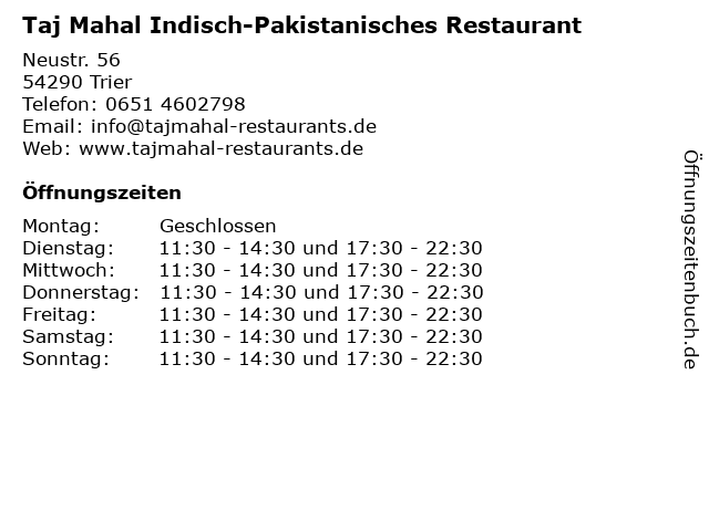 Taj Mahal Indisch-Pakistanisches Restaurant in Trier: Adresse und Öffnungszeiten