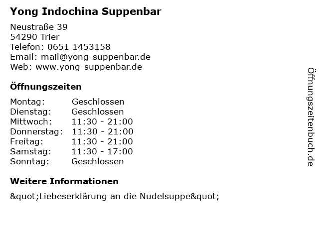 Yong Indochina Suppenbar in Trier: Adresse und Öffnungszeiten