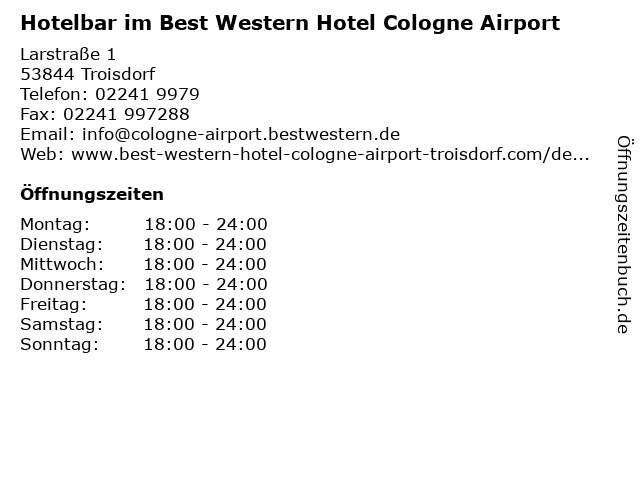 Hotelbar im Best Western Hotel Cologne Airport in Troisdorf: Adresse und Öffnungszeiten