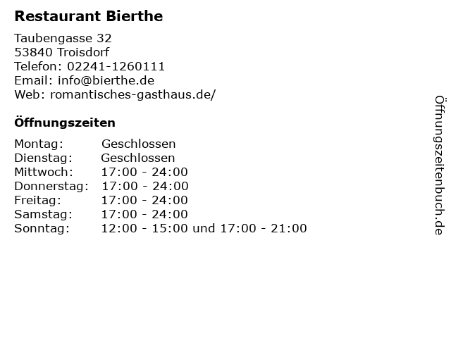 Restaurant Bierthe in Troisdorf: Adresse und Öffnungszeiten