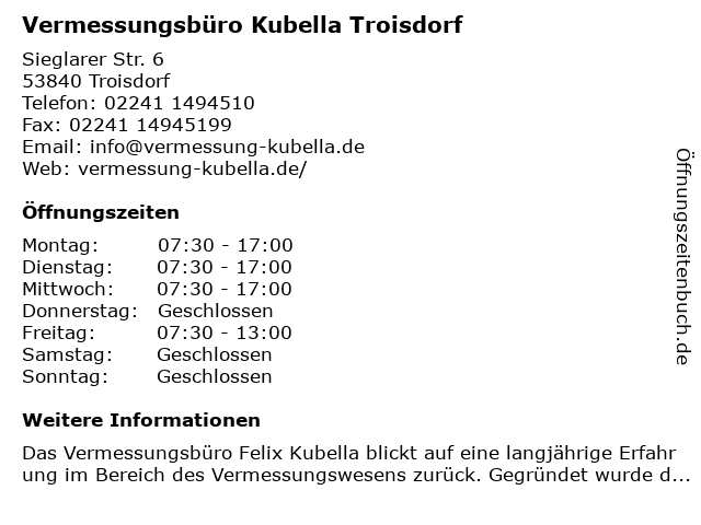 Vermessungsbüro Kubella Troisdorf in Troisdorf: Adresse und Öffnungszeiten