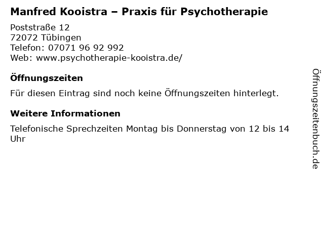 Manfred Kooistra – Praxis für Psychotherapie in Tübingen: Adresse und Öffnungszeiten