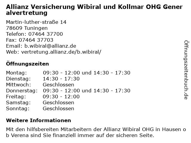 Allianz Versicherung Wibiral OHG Generalvertretung in Tuningen: Adresse und Öffnungszeiten