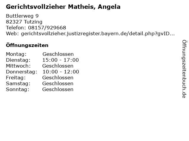 Gerichtsvollzieher Matheis, Angela in Tutzing: Adresse und Öffnungszeiten