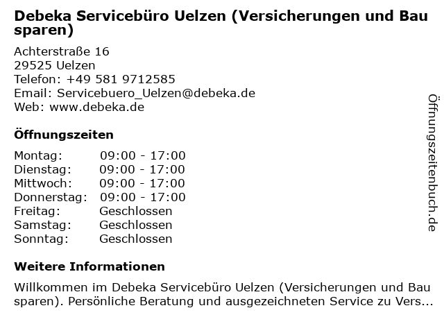 ᐅ Offnungszeiten Debeka Serviceburo Uelzen Achterstrasse 16 In Uelzen