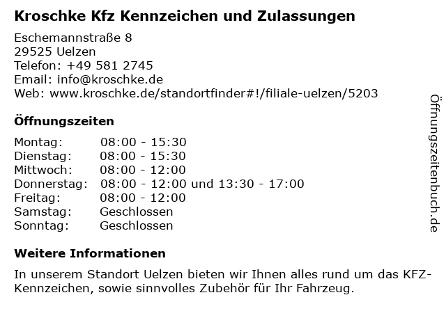 Kfz Zulassungen und Kennzeichen Kroschke in Uelzen: Adresse und Öffnungszeiten